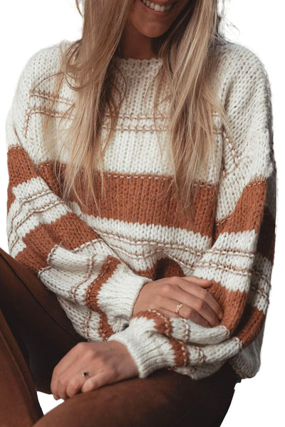 White Oversized Striped Knit Sweater with Puff Sleeves