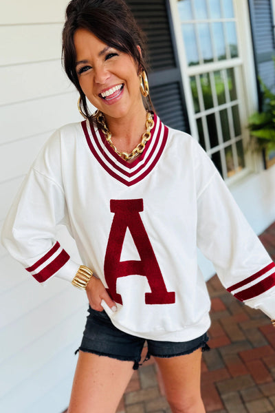 Trendy Women's Red Dahlia Chenille Varsity Sweatshirt with Puff Sleeves & Letter A Graphic Stylish V-Neck Fit