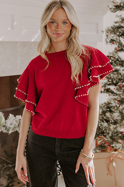 Chic Women's Racing Red Sweater with Pearl Embellishments and Double Ruffle Short Sleeves - Trendy Fit for Stylish Looks