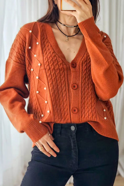 Stylish Women's Gold Flame Cable Knit V-Neck Cardigan with Pearl Buttons - Cozy Rhombus Pattern Layering Sweater