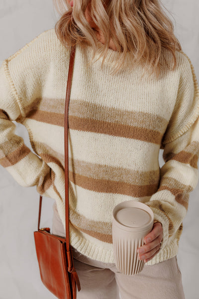 Women's Casual Khaki Stripe Knit Sweater with Exposed Seams, Drop Shoulder, and Relaxed Fit for Effortless Style