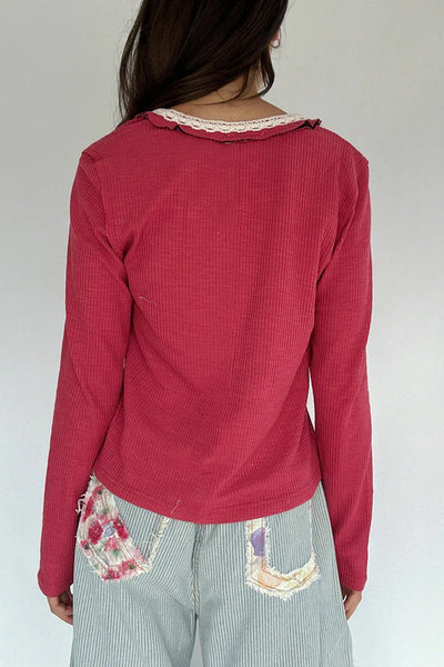 Women's Pitaya Pink Ribbed Knit V-Neck Pullover Top with Lace Trim - Effortless Long Sleeve Style for Trendy Outfits