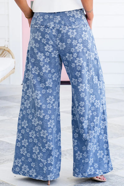 Stylish Women's Sky Blue Floral Wide Leg Denim Pants with Pleated Waist for Ultimate Comfort and Effortless Chic