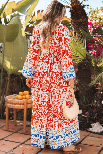 Women's Flowy Orange Boho Maxi Dress with Geometric Print and Long Sleeves for Effortless Style and Comfort