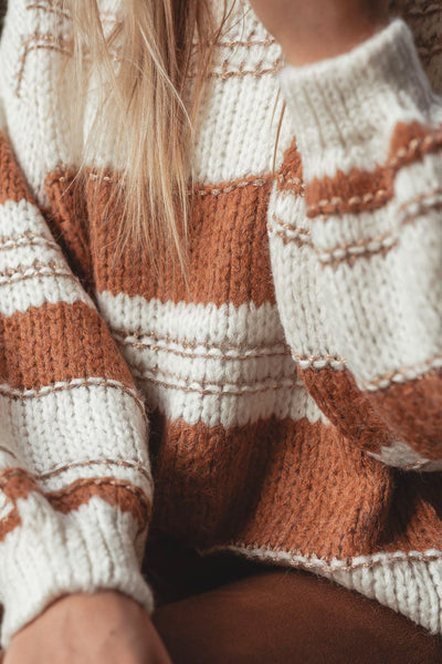 White Oversized Striped Knit Sweater with Puff Sleeves