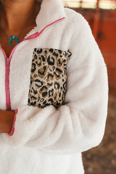 Snow Leopard Half-Zip Fleece Sweatshirt with Patch Pocket