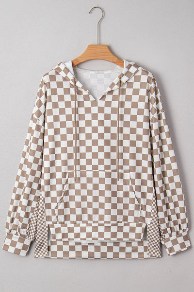 Stylish Women's Khaki Oversized Hoodie with Checkered Patchwork & Tie Neck for Effortless Casual Chic