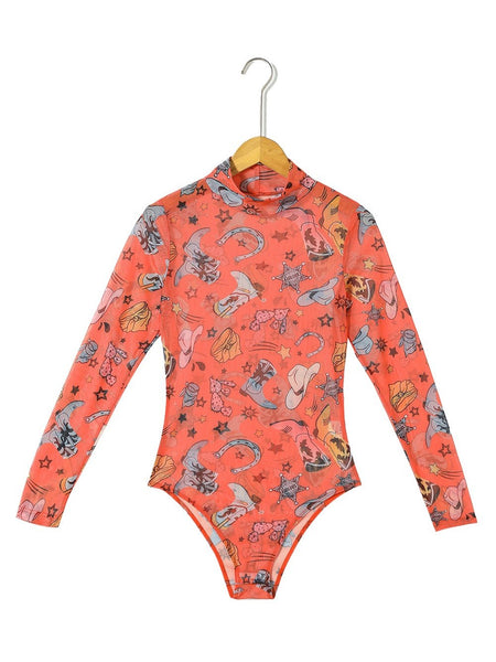 Rodeo Chic Orange Mesh Long Sleeve Bodysuit