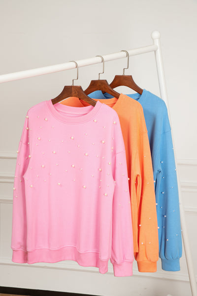Women‚Äôs Blossom Pullover Sweatshirt with Pearled Sleeves, Drop Shoulder, and Round Neck Casual Chic in Soft Pink