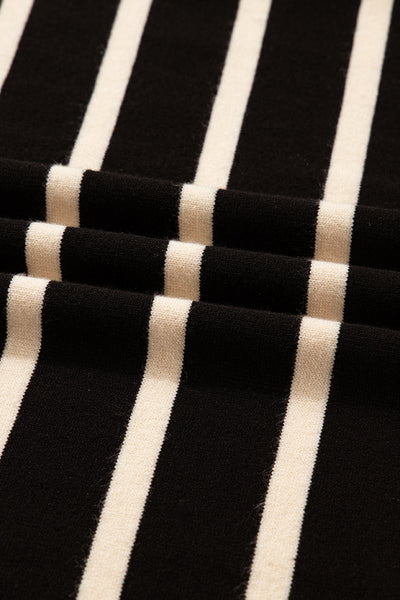 Elegant Women's Black Striped Polo Mini Dress with Puff Sleeves for Stylish Comfort and Versatile Everyday Wear