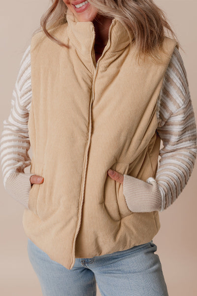 Beige Corduroy Puffer Vest with Stand Collar with practical styling and dependable silhouette control.
