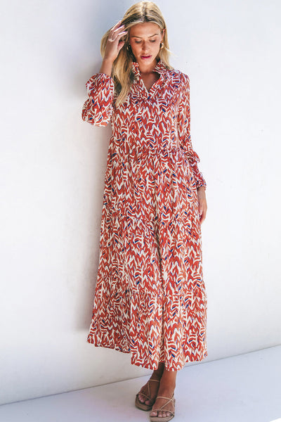 Chic Women's High Waist Midi Dress in Orange Abstract Print with V-Neck - Trendy Summer Style for Effortless Elegance