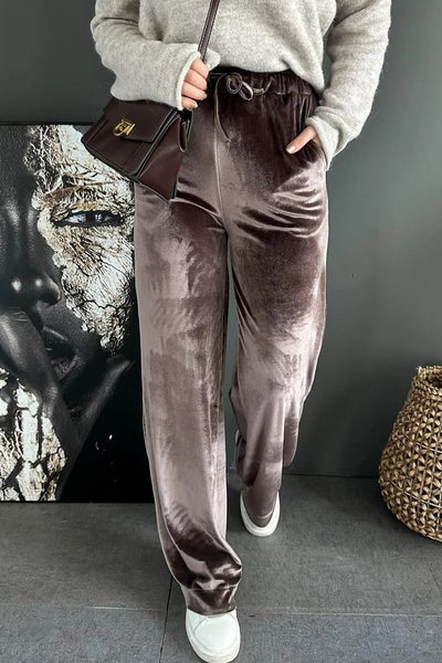 Women's Luxurious Goat Color Shiny Velvet High Waist Casual Pants - Stylish Drawstring Straight Leg Trousers