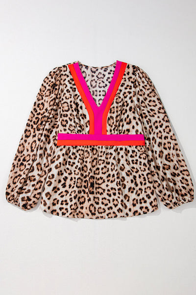 Trendy Women's Khaki Cheetah Color Block V-Neck Balloon Sleeve Babydoll Top Stylish and Comfortable Casual Wear!