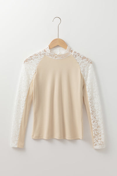 Elegant Women's Beige Floral Lace Long Sleeve High Neck Top - Slim Fit Design for Chic, Stylish Outfits