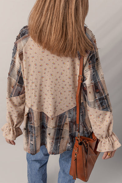 Women's Boho Floral Patchwork Shacket in Ashleigh Blue with Ruffled Sleeves & Distressed Knit Detail for Trendy Layering