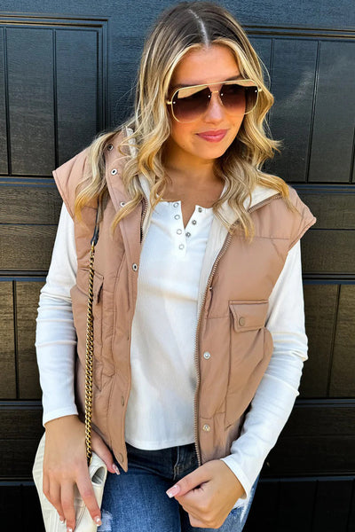 Women's Stylish Smoke Gray Color Block Zip-Up Winter Vest with Snap Button Closure and Trendy Patchwork Design