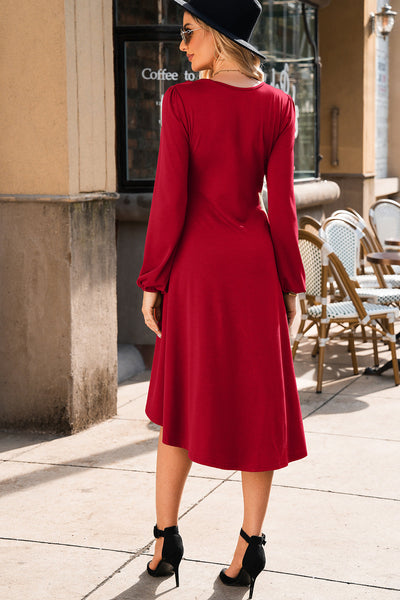 Women's Fiery Red Ruched Midi Dress with Bishop Sleeves