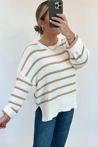 Women's Cozy Khaki Stripe Ribbed Knit Sweater - Relaxed Fit Drop Shoulder for Effortless Casual Chic