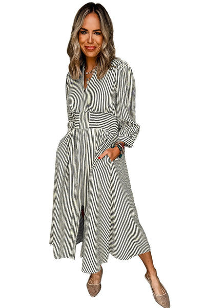Chic Black Stripe V-Neck Midi Dress with Zip Front, Cinched High Waist for Effortless Women‚Äôs Style