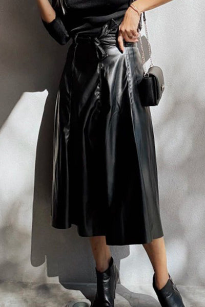 Chic Women's Black A-Line Faux Leather Midi Skirt with Belt - Trendy Everyday Style for Effortless Fashion