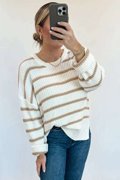 Women's Cozy Khaki Stripe Ribbed Knit Sweater - Relaxed Fit Drop Shoulder for Effortless Casual Chic