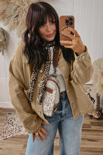 Chic Women's Parchment Boyfriend Denim Jacket with Patched Pockets and Button Front for Effortless Casual Style