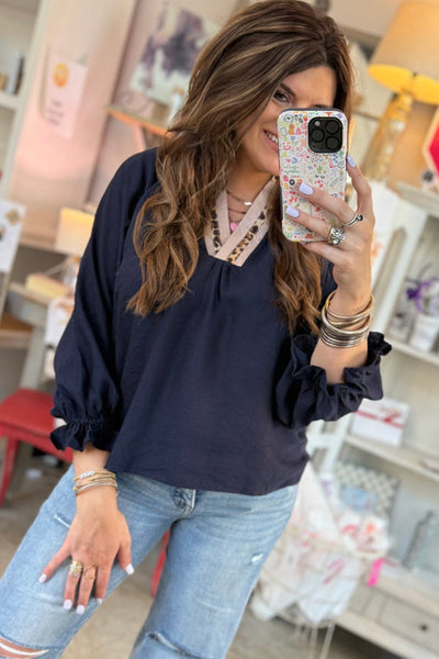 Plus Size Women's Navy Blue Leopard Print Blouse with Flounce Sleeves and Elegant Collar for Trendy Style