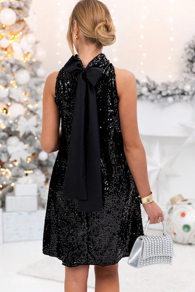 Elegant Black Sequin Sleeveless Swing Dress with High Neck and Ribbon Bow for Women's Night Out Fashion