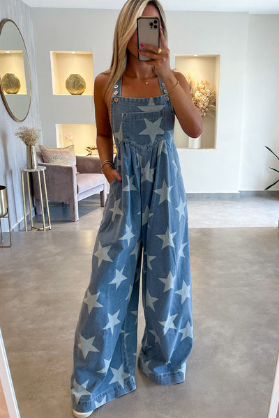 Women's Star Print Buttoned Strap Pleat Wide Leg Denim Overall