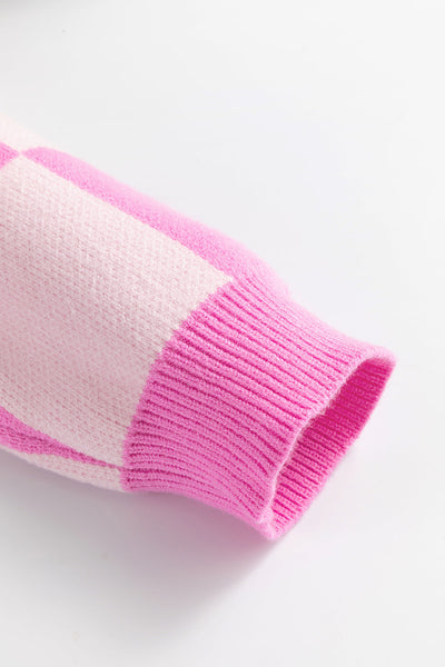 Cozy Women's Pink Checkerboard Drop Shoulder Sweater with Half Button Collar - Effortlessly Chic Casual Style