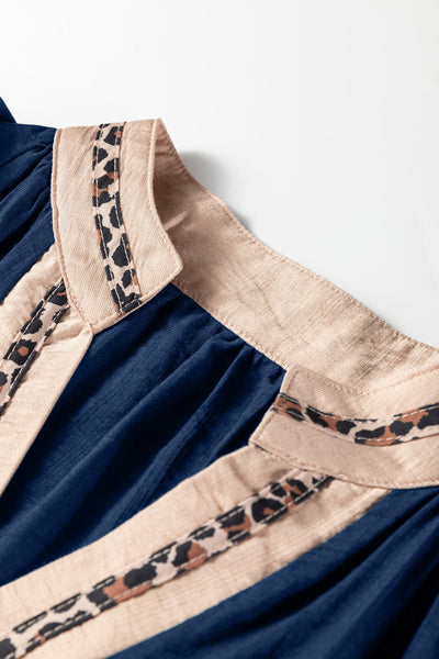 Women's Midnight Blue Leopard Trim V-Neck Flounce Sleeve Blouse