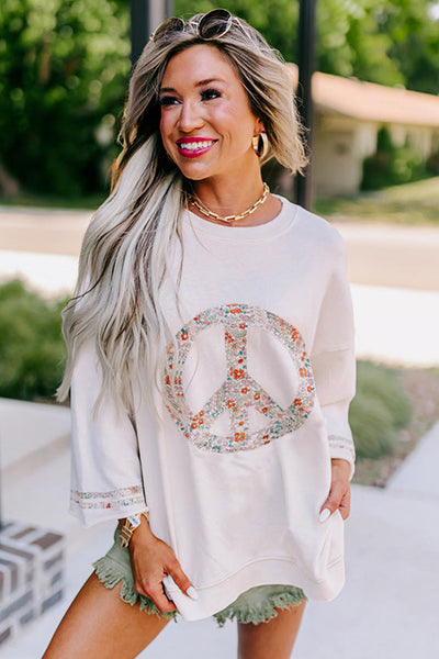 Women's Jet Stream Floral Peace Sign Graphic Tee with Drop Shoulder, Wide Sleeves, and Casual Fit for Everyday Wear made for easy styling and wardrobe