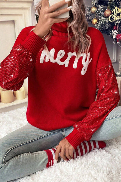 Women's Racing Red Merry Graphic Turtleneck Sweater with Sequin Sleeves - Festive Holiday Chic for Women