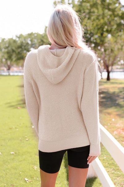 Apricot Hooded Waffle Knit Sweater with Button-Up Front Pocket