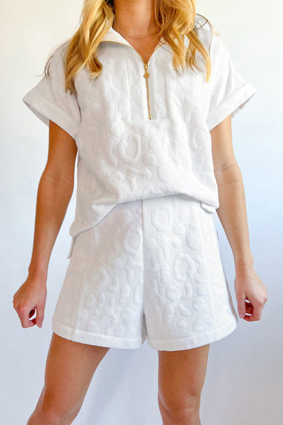 Women's White Leopard Jacquard Quarter Zip Tee and Shorts Set