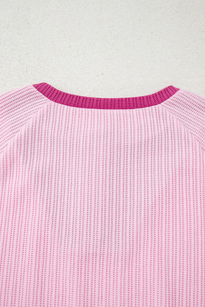 Women's Pink Textured Knit Color Block Long Sleeve Top with Button Neck - Stylish & Comfortable Casual Wear