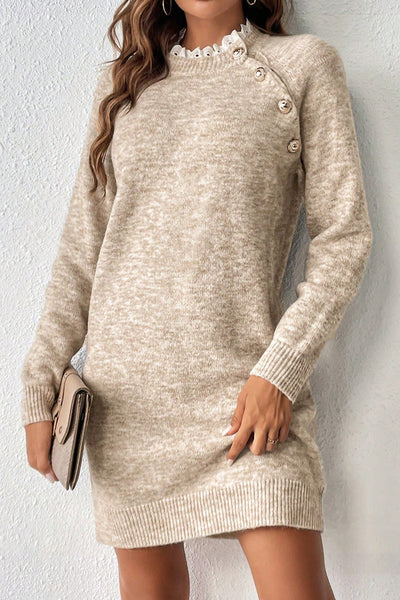 Women's Mini Sweater Dress in Parchment with Lace Details, Button Accents, and Raglan Sleeves for Effortless Chic