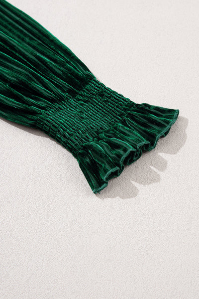 Women's Smocked Ribbed Velvet Babydoll Top in Blackish Green - Chic and Comfortable for Effortless Everyday Style
