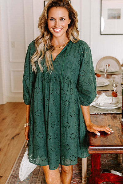Women's White Eyelet Embroidered Summer Dress - Flowy Fit & Elegant Details for Casual or Special Occasions