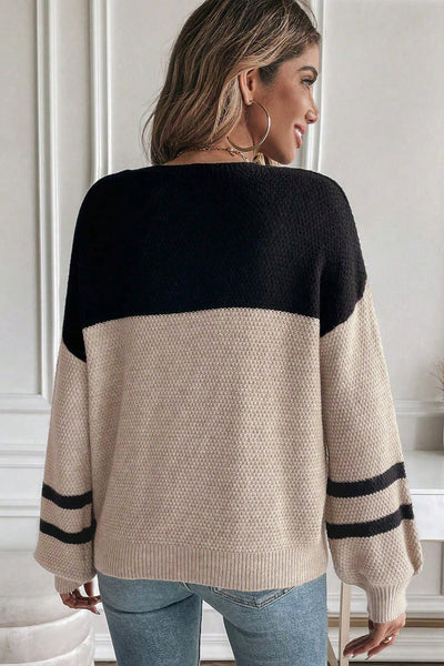 Cozy Parchment Color Block Sweater for Women with Striped Sleeves Effortless Casual Chic Knitwear for Any Occasion