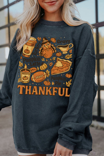 Cozy Women's Dark Grey Twisted Ribbed Baggy Sweatshirt Trendy Fall Fashion with Stylish Print for Chic Comfort