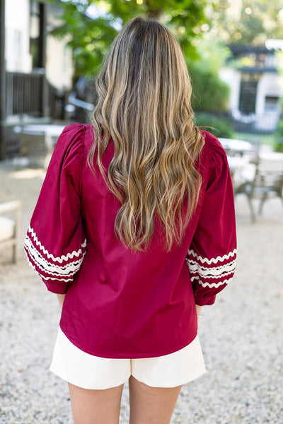 Elegant Women's Red Puff Sleeve Blouse with V-Neck and Ricrac Trim Chic Contrast Top for Effortless Style