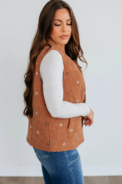 Stylish Women's Gold Flame Corduroy Zipped Vest with Floral Embroidery - Perfect Layering Essential for Every Season