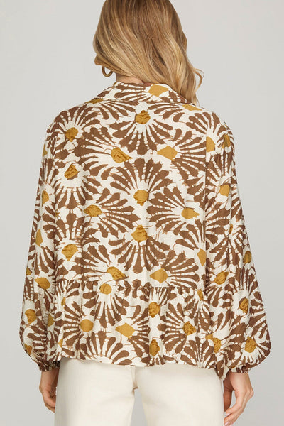 Women's Trendy Khaki Floral Print Long Sleeve Shirt with Ruffle Hem - Chic Style for Everyday Casual Outfits