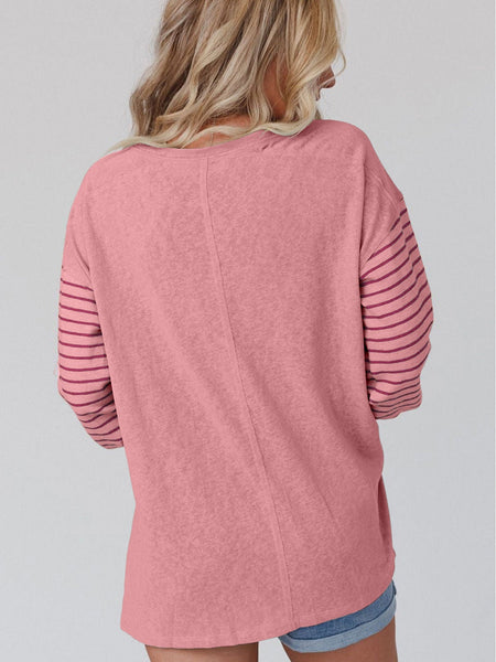 Peach Blossom Striped Bishop Sleeve Patchwork Top with Color Block