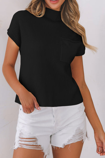 Casual Women's Black Ribbed Knit Short Sleeve Sweater with Patch Pockets - Chic Everyday Essential for Effortless Style