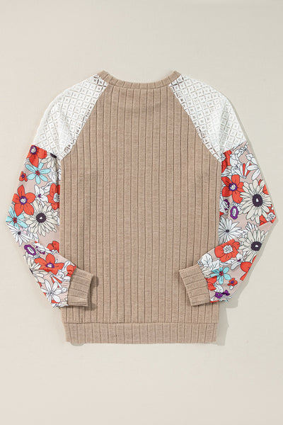 Women's Floral Patchwork Ribbed Blouse - Parchment Long Sleeve Top for Stylish Comfort in Everyday Wear