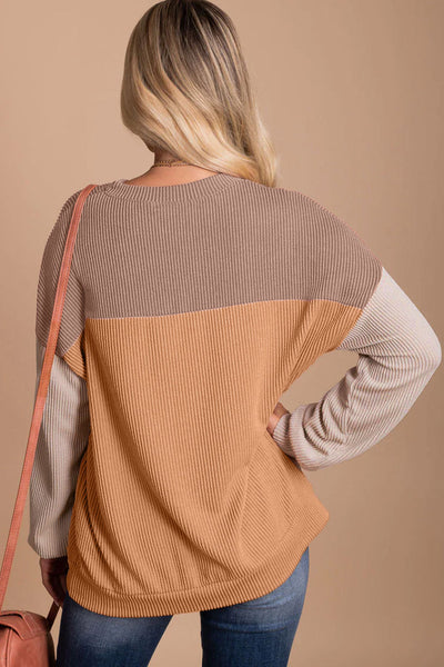 Stylish Women's Khaki Color Block Ribbed Long Sleeve Top - Relaxed Fit for Effortless Comfort and Trendy Looks