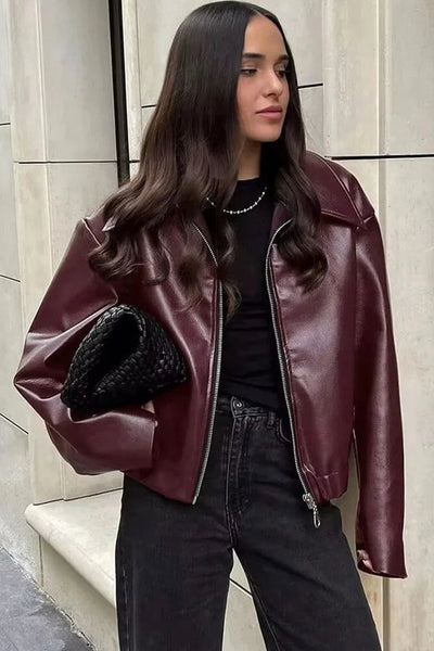Women's Retro Zip-Up Leatherette Jacket with Elastic Hem in Wild Ginger - Stylish, Comfortable, and Versatile Outerwear